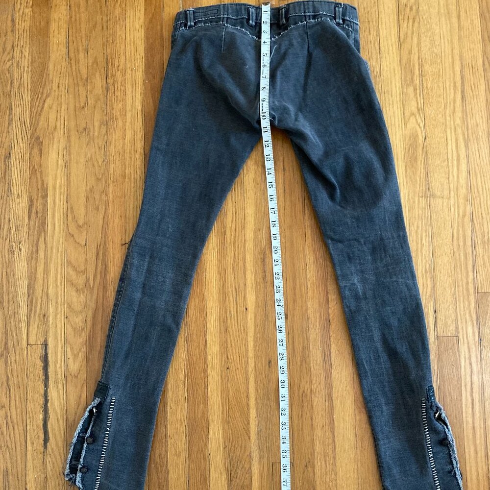WOMENS PANTS, SIZE SMALL, DISTRESSED BLUE DENIM, AGATHA BLOIS CUSTOM LEATHER.